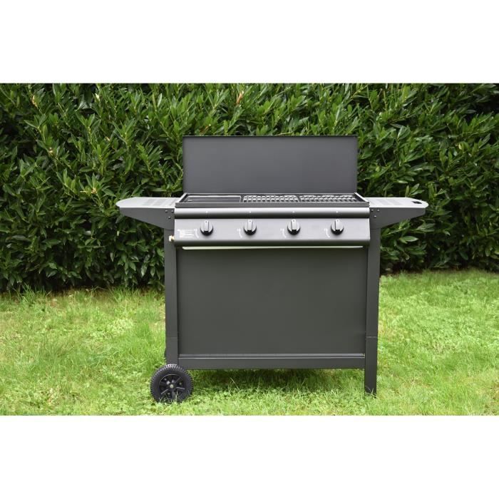 Barbacoa de gas - GRILL GARDEN - Negra - 4 quemadores - Con funda protectora - Encendido piezoeléctrico