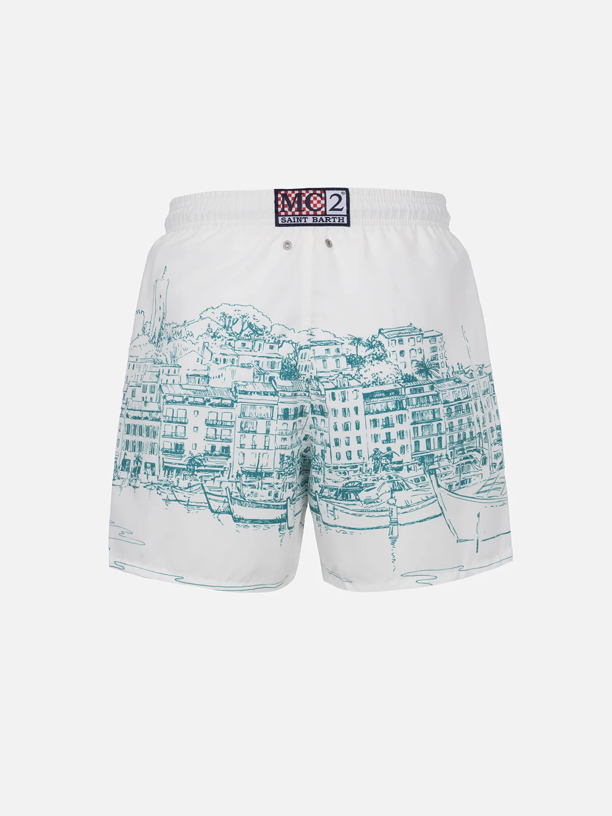 Heren Gustavia Zwembroek met Print – Middellang | Stof met Perzik-effect | Cannes Print | Wit | Verstelbaar Trekkoord | MC2 Saint Barth