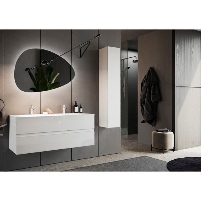 Wandhängender Waschtisch mit zwei Waschbecken und zwei Schubladen, Kollektion VIENNE. Hochglanzweiße Oberfläche.