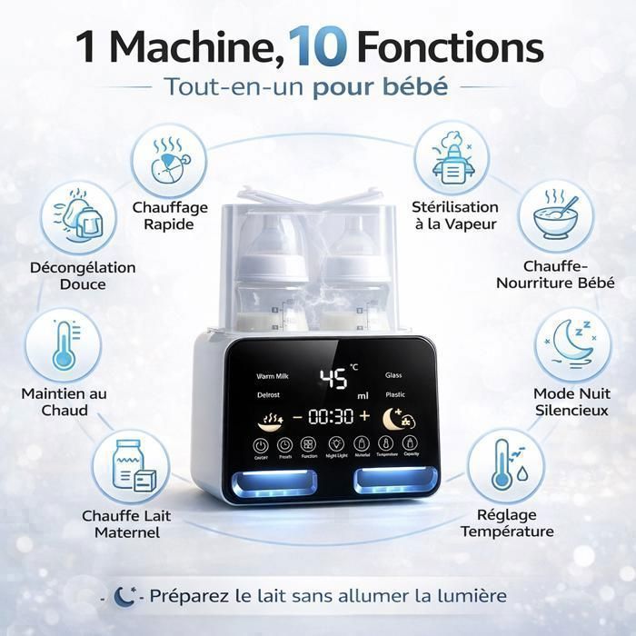 Scaldabiberon doppio 10 in 1, sterilizzatore e scaldalatte, temperatura costante per 48 ore, display a LED, spegnimento automatico.