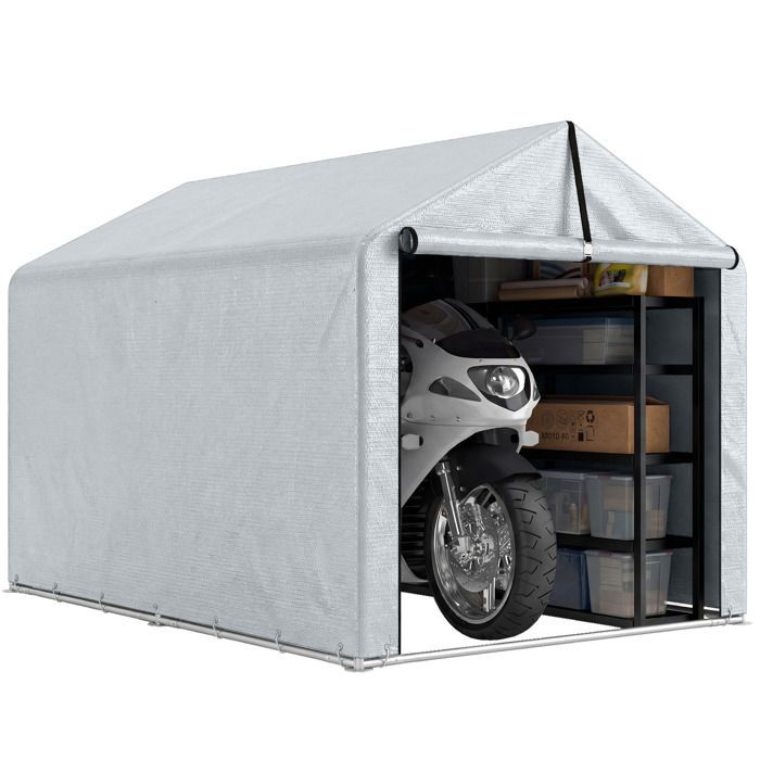 Tuinschuur - Outsunny - roldeur - gegalvaniseerd stalen frame - voor fietsen, motoren, hout, gereedschap - 162x221,5x163cm - lichtgrijs