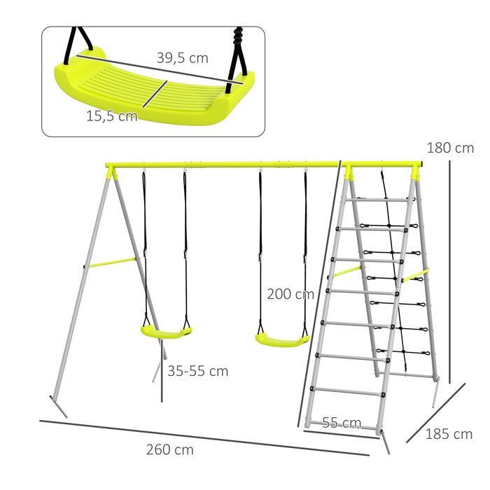 Balançoire portique pour enfant - Outsunny - 2 agrès - échelle grimpeuse et filet d'escalade - Métal - 260x185x180cm - Vert