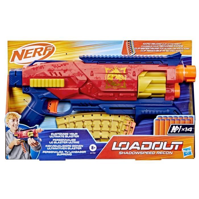 Nerf Loadout Shadowspeed Recon blaster met opbergruimte voor de 14 meegeleverde Nerf N1 pijltjes, roterende trommel voor 6 pijltjes, speelgoed