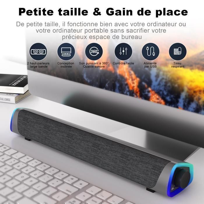 SOULION R30 Altoparlanti per PC, soundbar con luci LED colorate, per monitor, laptop, ingresso AUX da 3,5 mm, alimentazione USB