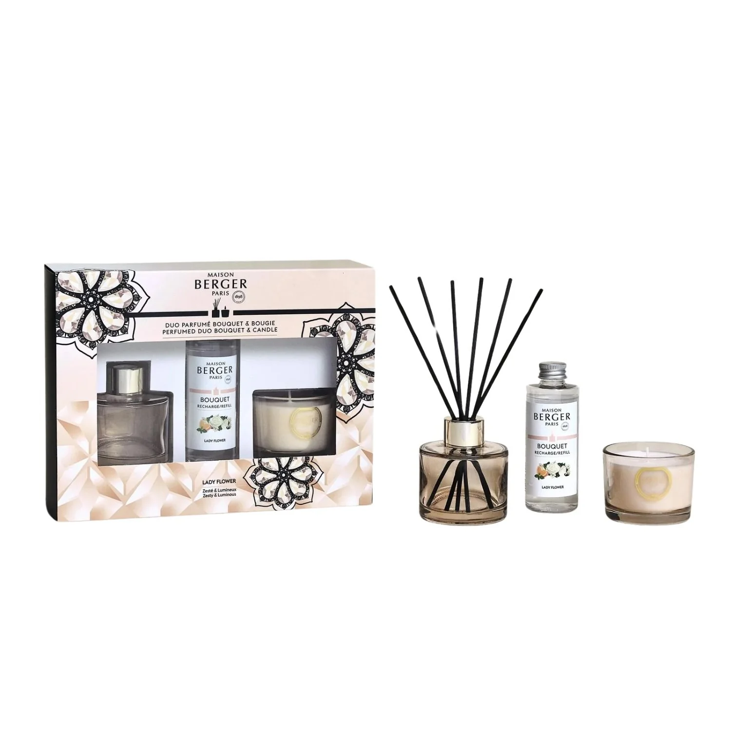 Bouquet Parfumé Cofanetto Eternity - Duo Mini Bouquet e Bougie Lady Flower - Diffusore di Profumo, Candela Profumata