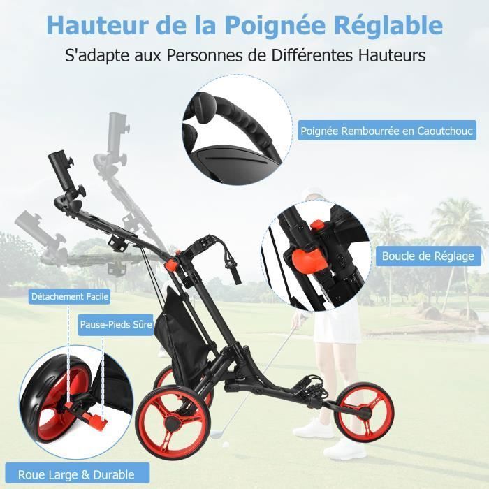 Carrito de golf plegable de 3 ruedas COSTWAY con correa elástica, soporte ajustable para paraguas y portavasos, bolsa con revestimiento de aluminio, color rojo.