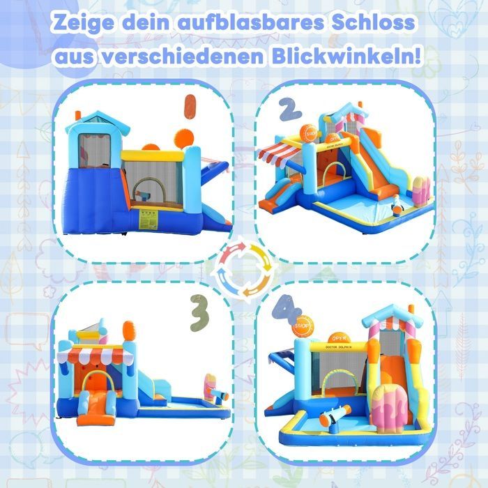 Château gonflable pour enfants, parc aquatique extérieur + trampoline, toboggan, fontaine, magasin de pistolets à eau, auvent