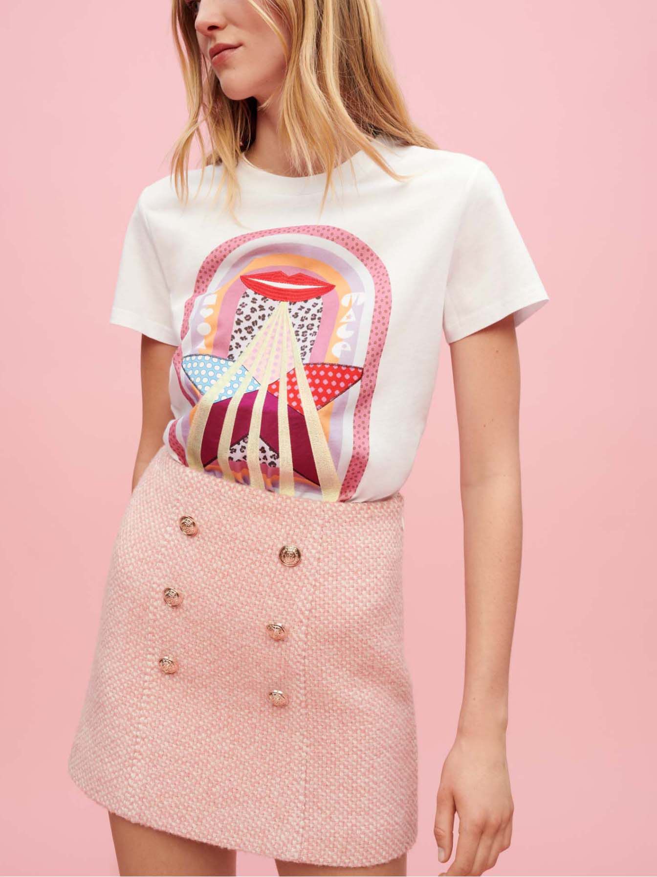 Roze en ecru gemêleerde tweed rok - Roze
