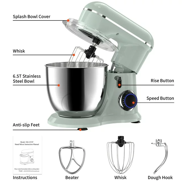 Samsaimo Staande Mixer, 6,5 liter, 660 W, 10 snelheden, Kantelbare Kop, Keukenmixer met Kom, Deeghaak, Klopper en Garde, geschikt voor de meeste thuiskoks