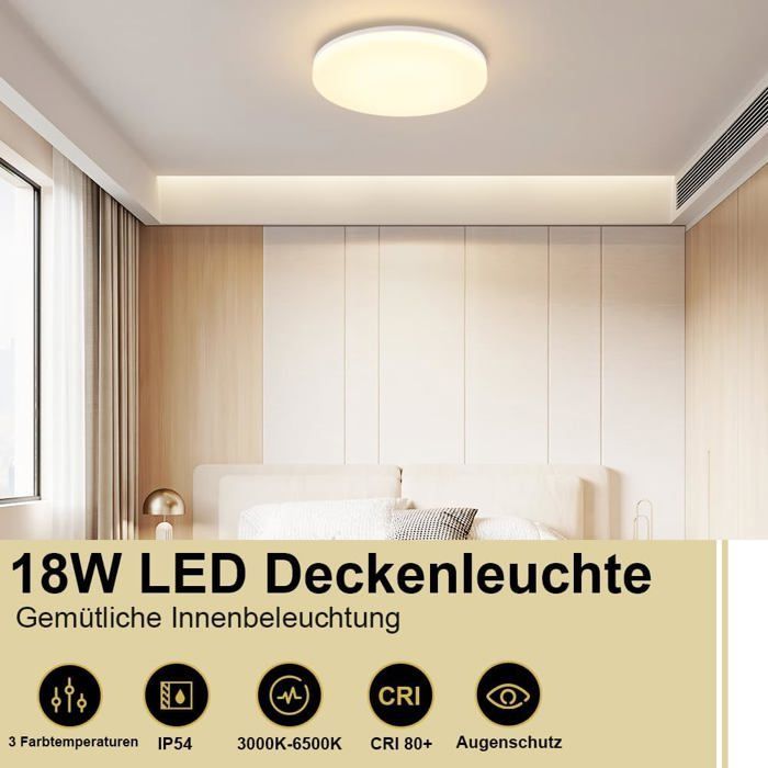 Lámpara de techo LED plana regulable Homefire, blanca, 18 W, 6000 K, con mando a distancia, IP54, redonda, para cocina, habitación infantil, baño, 22 cm