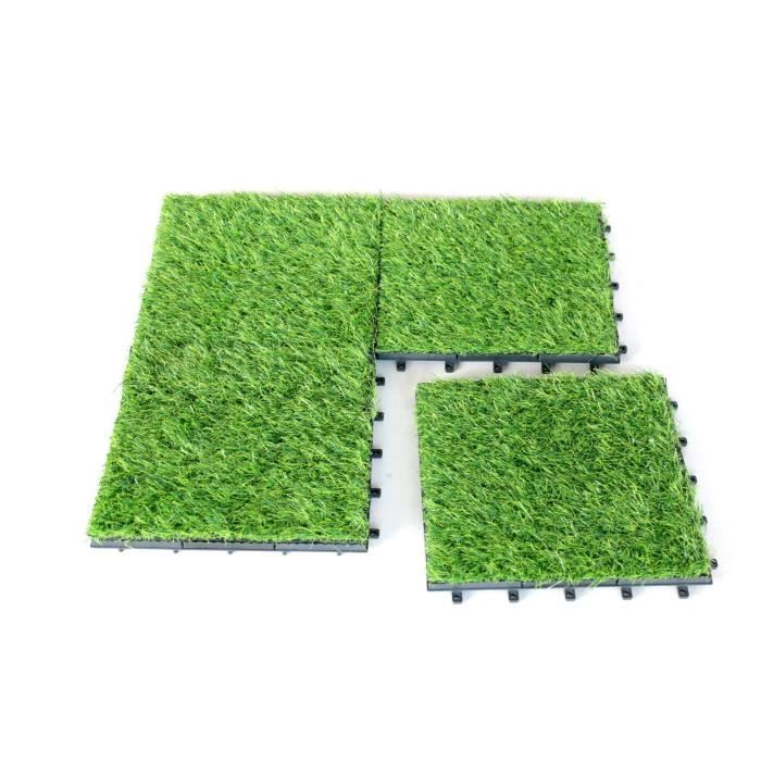 Baldosas de césped sintético con sistema de fijación mediante clip - GARDENMOOD - Paquete de 10 - 30x30x2,4cm - Verde