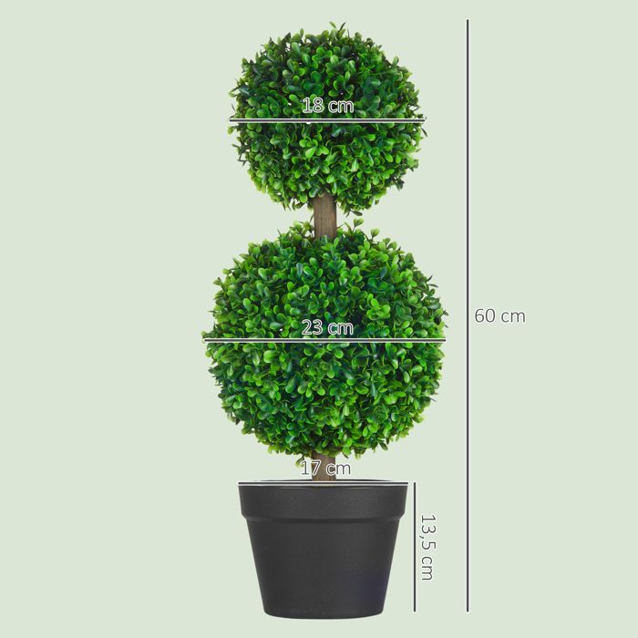 Boj artificial - HOMCOM - juego de 2 bolas dobles con tronco y maceta incluidos - decoración - plástico - altura 60 cm - verde