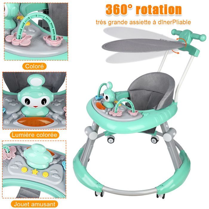 VERT Marcheur pour Bébé Réglable en Hauteur, Trotteur Anti-basculement pour Bébé Pliable avec lumière, parasol et tapis, 67x67x79cm