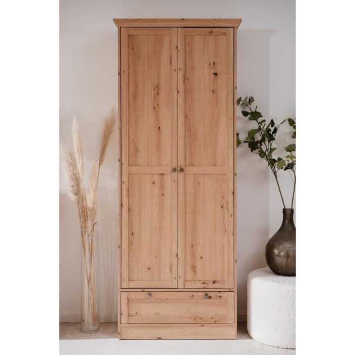 Armario - Landwood - Acabado en roble artesanal - 2 puertas - 1 cajón - 80 x 39 x 200 cm (ancho x profundidad x alto)