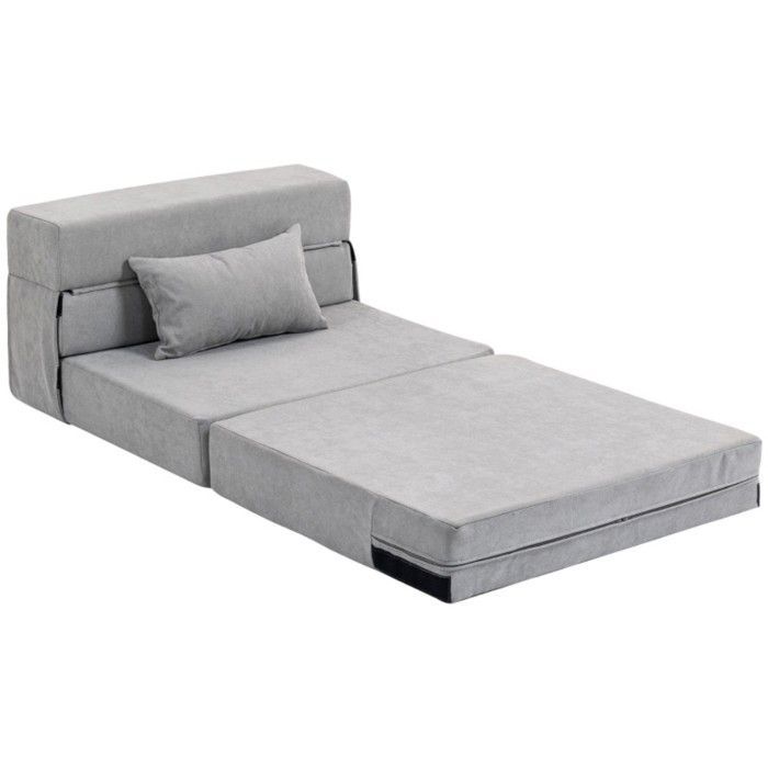 Canapé de sol convertible en matelas, mousse confortable, coussins amovibles, revêtement gris clair, idéal pour jardin ou intérieur
