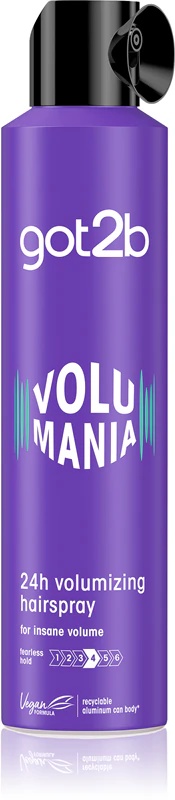 „Got2b Volumania“ stiprios fiksacijos plaukų lakas ilgalaikei apimties išlaikymo funkcijai.