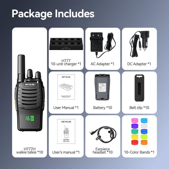 Walkie Talkie Retevis H777H con pantalla, recargable con cargador de 10 ranuras, profesional para uso en seguridad y negocios (paquete de 10)