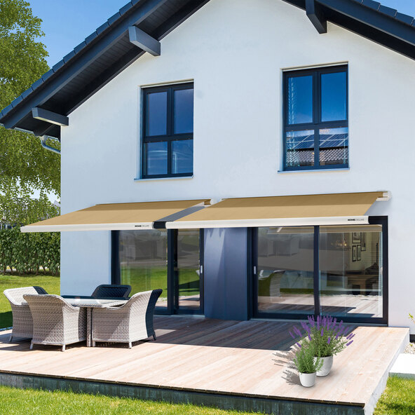 LED-zonnescherm ELOS V2 met volledige cassette, incl. windsensor, zandkleurig, 400 x 300 cm