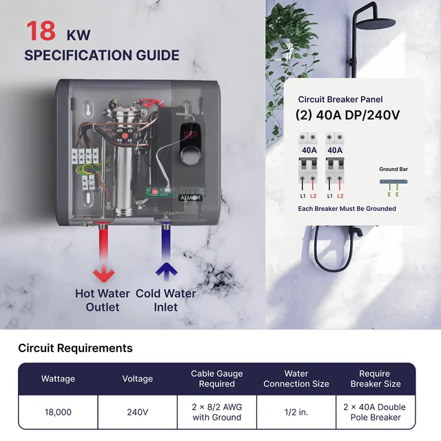 Atmor 18 kW 3,73 GPM sähköinen läpivirtauslämmitin, ihanteellinen yksiöön, jopa 3 samanaikaista käyttötarkoitusta
