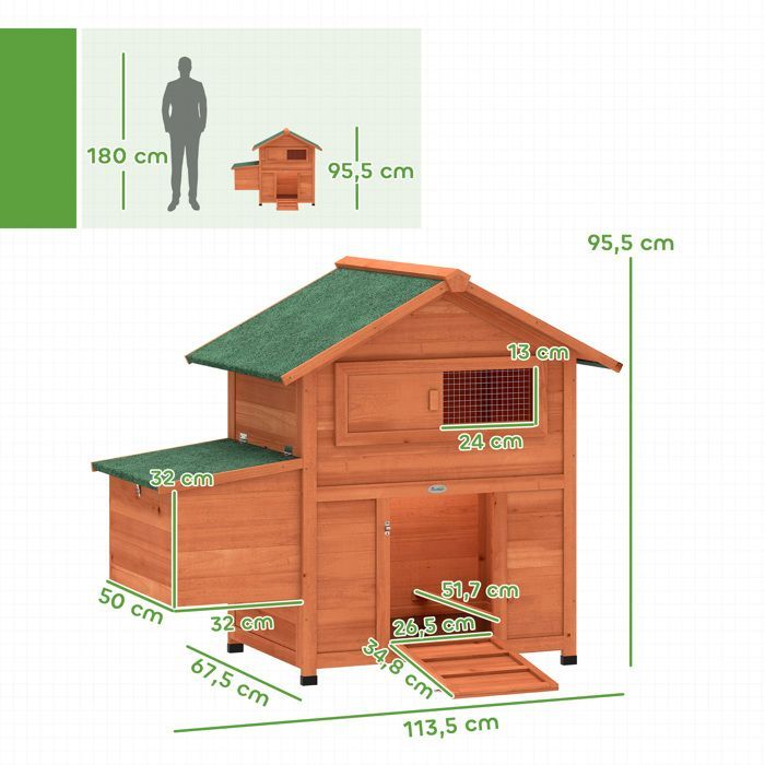 Poulailler - PawHut - pondoir perchoir toit en bitume étanche fenêtre de ventilation - bois - 113,5x67,5x95,5cm - orange