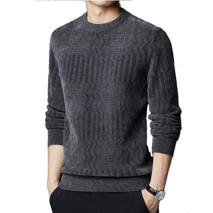 Men's Sweater, Men's Fleece-Lined Knit Sweater, Warm Crew Neck Basic Solid Color Casual Slim Fit Sweater - Grey