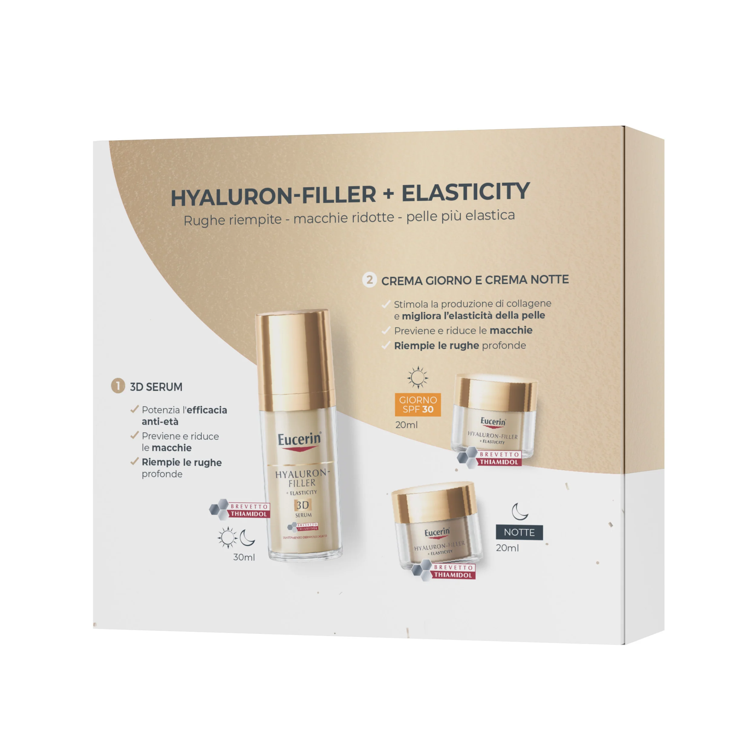 Hyaluron-Filler + Elasticity XMAS PACK ELASTICITY (3D Serum + Mini Crema giorno SPF15 + Mini Crema notte) - Cofanetto Lifting, Siero viso lifting