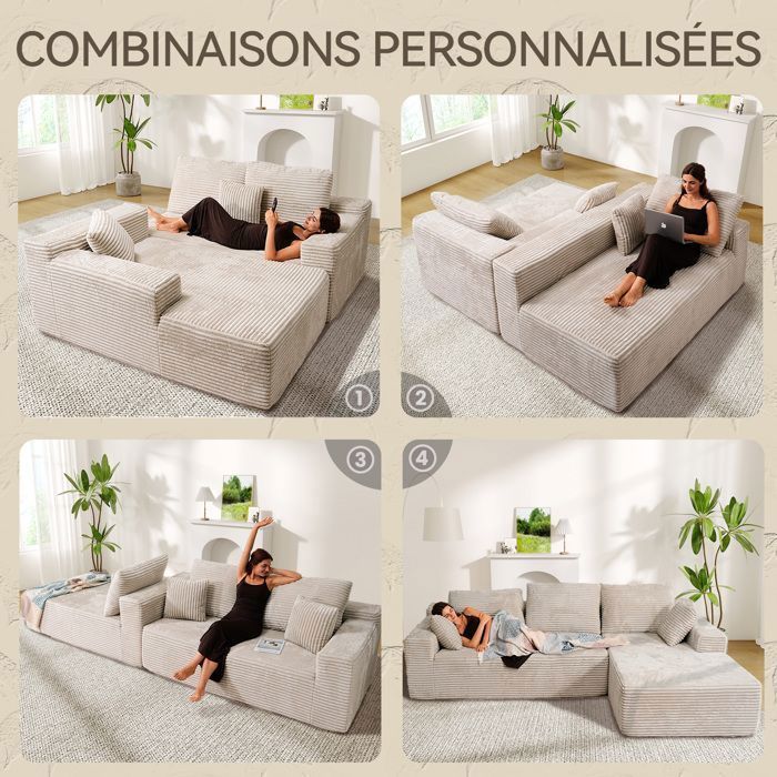 Sofá esquinero derecho de 263x171x59cm, combinación libre, no requiere montaje, sofá en forma de L de 4 plazas con chaise longue, pana beige.