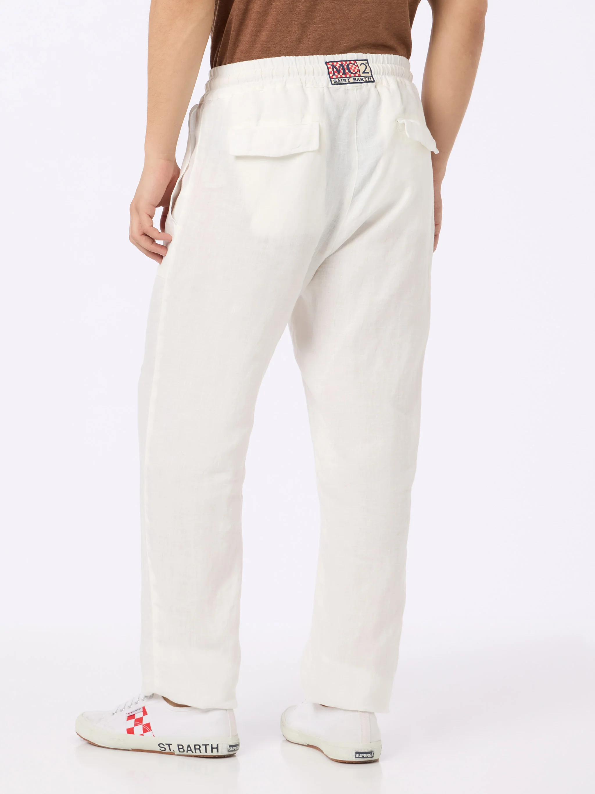 Calais linnen lange broek | 100% linnen | Wit | Losse pasvorm | Elastische taille | Franse zijzakken | Verborgen knoopsluiting | MC2 Saint Barth
