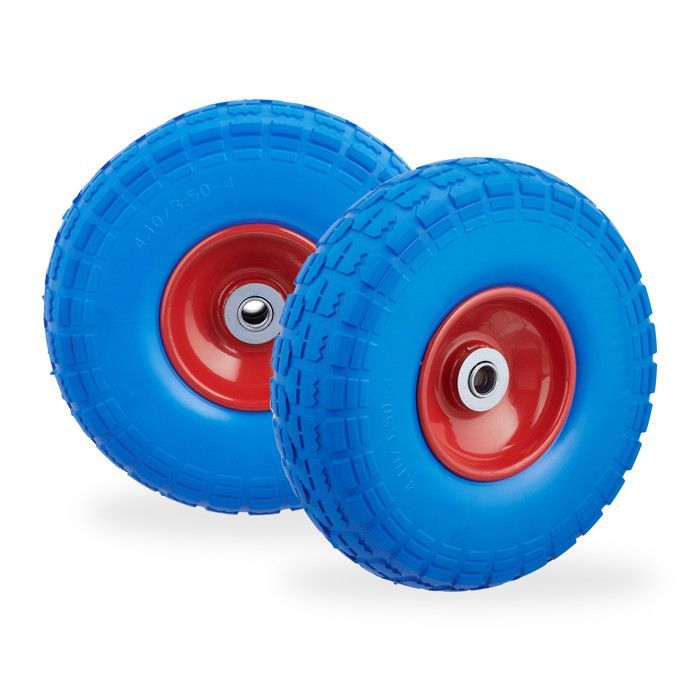 Juego de 2 ruedas para carretilla Relaxdays, de goma, 260x85 mm, antipinchazos, 16 mm, eje de 4,1/3,5-4, hasta 150 kg, azul-rojo.
