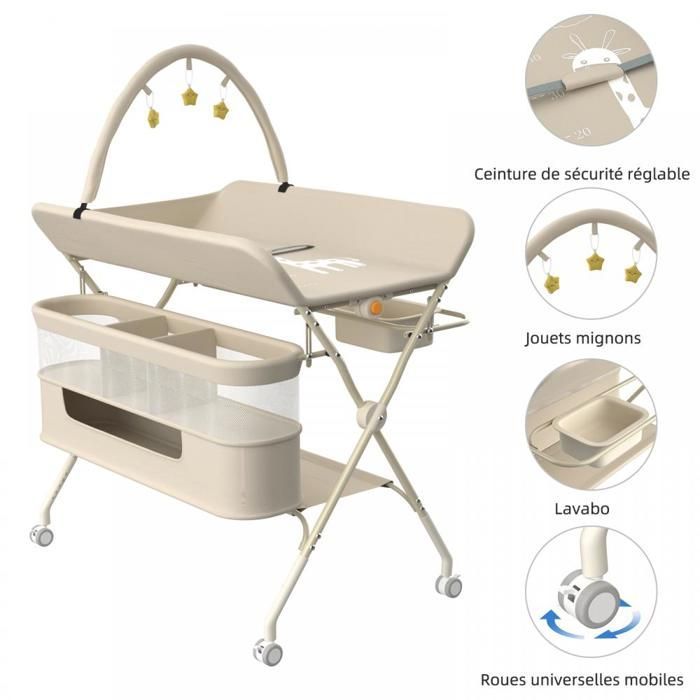 Cambiador plegable 2 en 1 MIPAN - Altura ajustable (83-91 cm) - Con 4 ruedas + bolsa de almacenamiento + arco de juego - Blanco