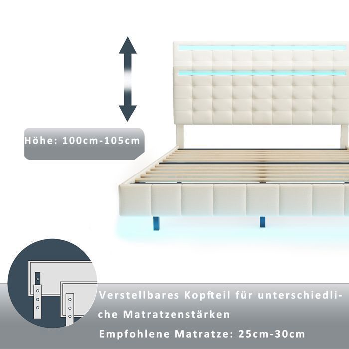 Cama doble tapizada de 160 x 200 cm - LUMINARIX - LED - USB/Tipo C - Estructura flotante - Somier de láminas - Beige - Lino