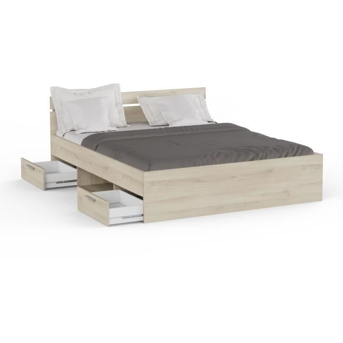 Cama para adultos Demeyere Michigan - 160 x 200 cm - Múltiples compartimentos de almacenamiento - Roble cepillado