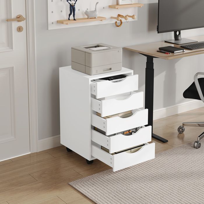 Cajonera de oficina - WOLTU - Unidad de almacenamiento móvil de 5 cajones - Madera de ingeniería - Blanco W0ATT0650