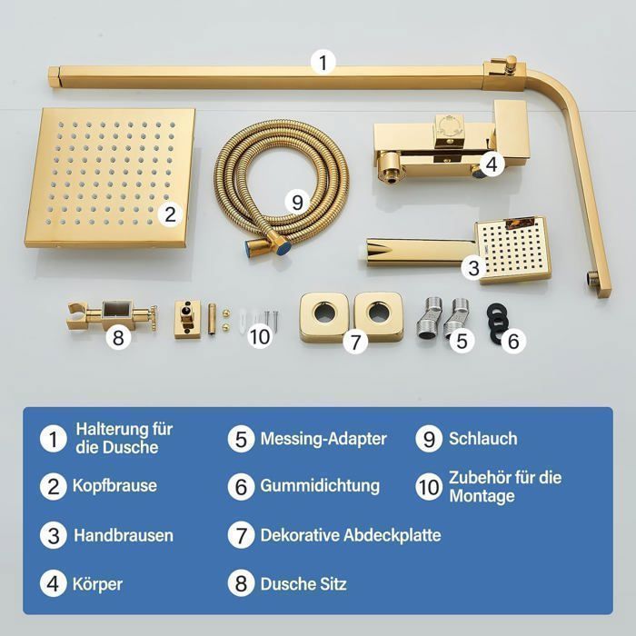 Goldene Duschsäule, Duschsystem, Duschset, Wandbrause-Set, höhenverstellbar 750–1100 mm mit Handbrause