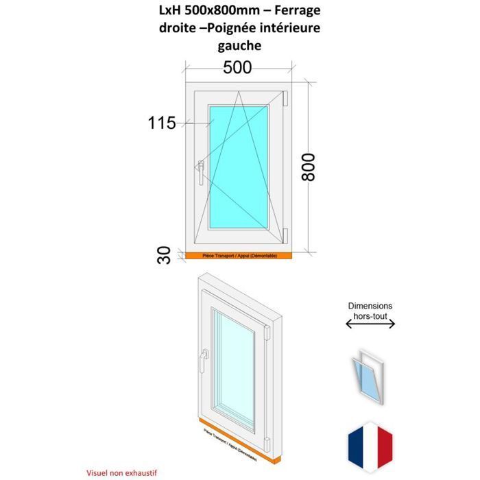 Fenêtre PVC - Triple vitrage - Tirant Droite - Blanc - LxH : 500x800 mm