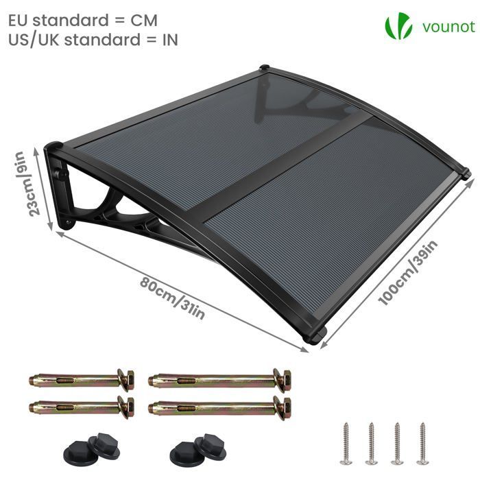 VOUNOT® Marquise auvent de porte d'entrée 100x80cm avec support central - Polycarbonate - Anti-UV - Anthracite