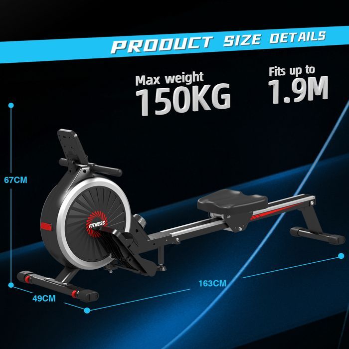 Máquina de remo indoor, peso máximo 150 kg, silenciosa, magnética, con pantalla LCD, 16 niveles de resistencia, riel extralargo