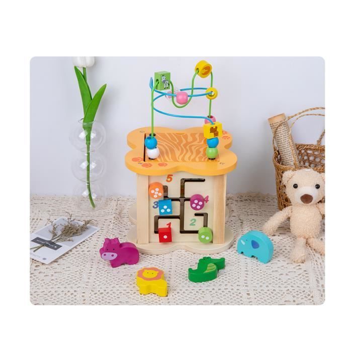 Cubo de actividades para bebés - Juguete de madera - Laberinto de cuentas - Reloj de aprendizaje - Clasificador de formas