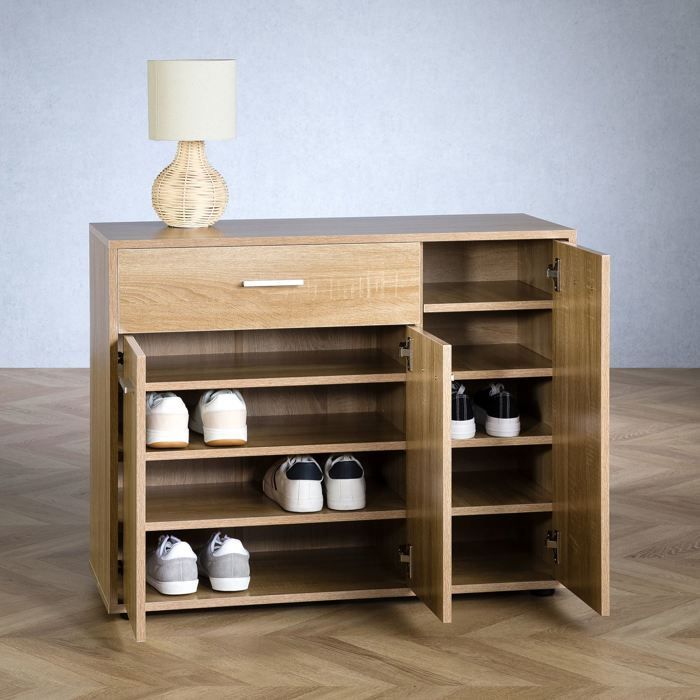 Zapatero CAMILLE, cómoda/mueble de almacenamiento con 1 cajón y 3 puertas, en melamina efecto roble Sonoma.