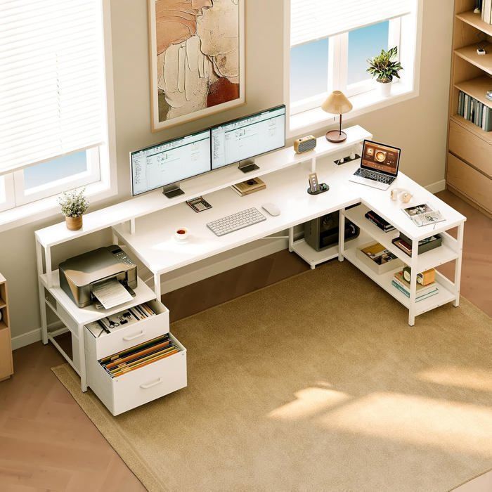 Scrivania angolare a L Coleshome con vano portaoggetti, 189,3x100 cm, reversibile, con porta USB/presa di corrente, colore bianco.