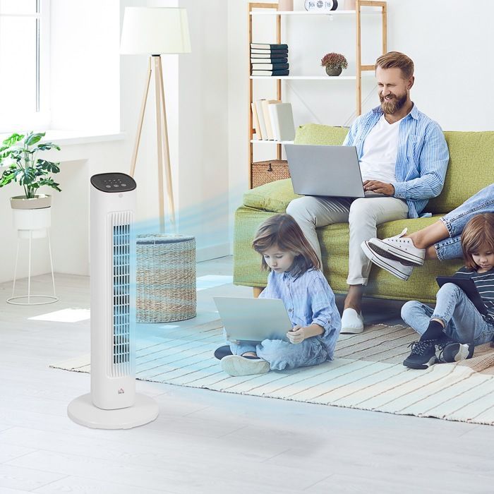 Ventilador de torre - HOMCOM - mando a distancia - silencioso - 3 velocidades - temporizador y oscilación de 85° - pantalla LED - blanco