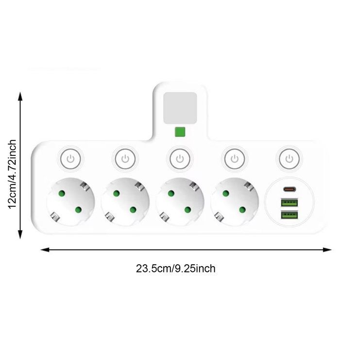 Wall-mounted power strip with 4 outlets, 2 USB-A ports, 1 Type-C port, individual power switch, for bedroom, kitchen, or office