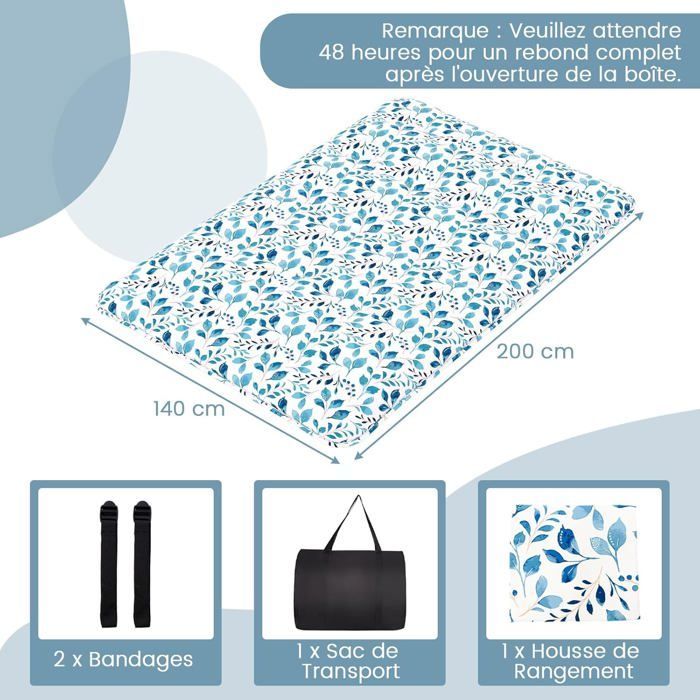 Colchón futón COSTWAY de 140 x 200 cm, con sobrecolchón extraíble y lavable, colchón portátil para suelo con bolsa de transporte y estampado de hojas.
