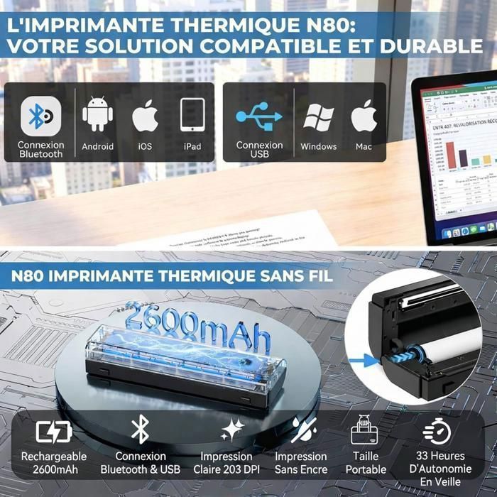 Thermodrucker mit 215 Blatt A4-Papier, Bluetooth-fähig, kompatibel mit PC/Mac/iOS/Android, 203 dpi, tragbarer Drucker