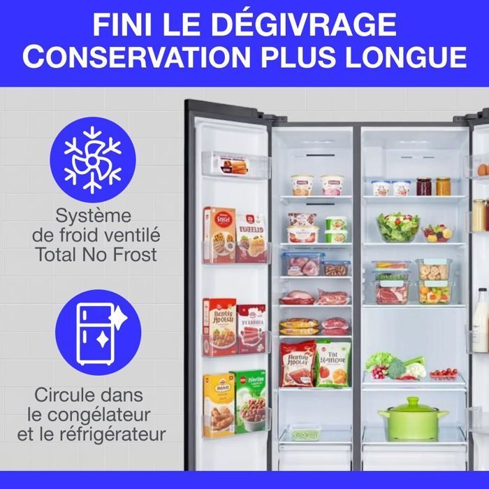Réfrigérateur américain - CONTINENTAL EDISON - CERA505NFIXD - 503 L - Total No Frost (Sans givre) - Classe D - L92 x H177 cm - Inox
