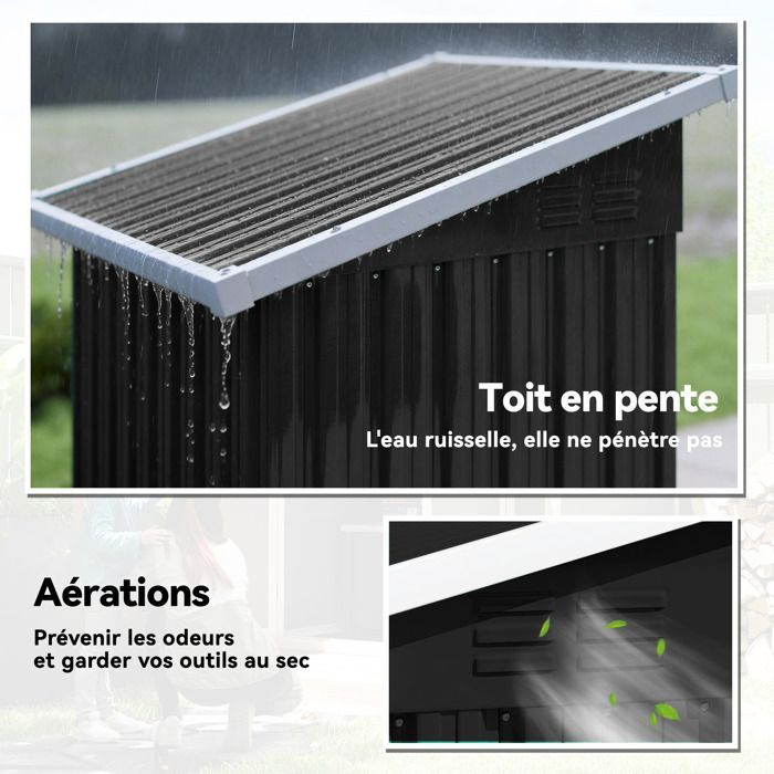 Caseta de jardín Outsunny - techo inclinado - puerta con cerradura y rejillas de ventilación - acero galvanizado - 107,5 x 91 x 185 cm - gris oscuro