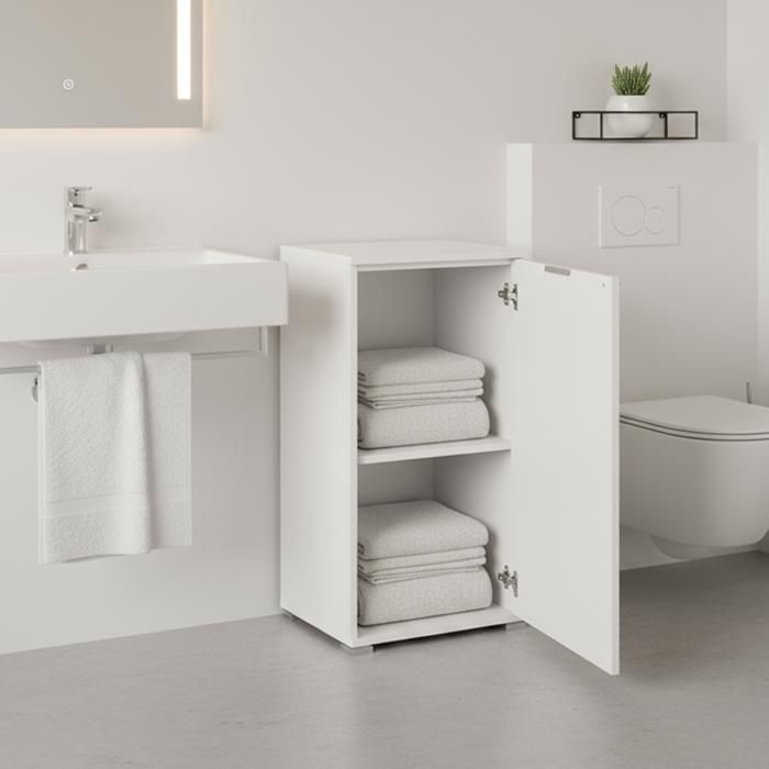 Meuble Bas Blanc 1 Porte | Armoire Multiusage avec Étagère Ajustable | Prêt à l’Emploi pour Salle de Bain/Entrée/Buanderie