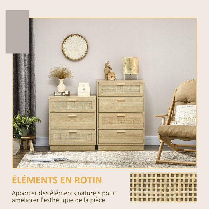 Cómoda de ratán estilo bohemio - HOMCOM - 3 cajones - mueble de almacenamiento - madera natural