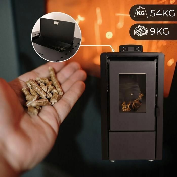 Poêle à Granulés Indépendant THUNDER® LEYLA-BLACK 6,3 kW | Thermostat Intégré | Kit Complet | Design Poêle-Cheminée