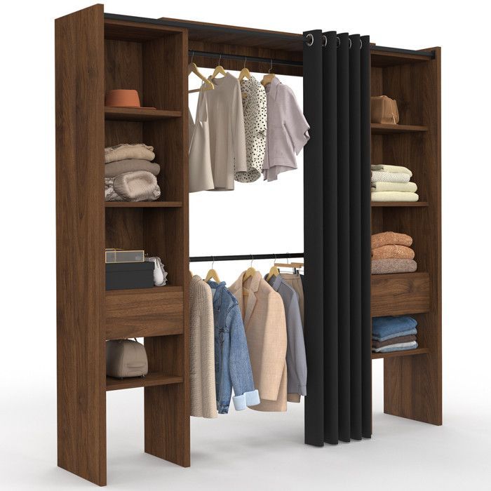 IDMARKET Dressing extensible double MERYL 120/180 x 50 x 180 cm noyer avec étagères + double penderie + rideau noir